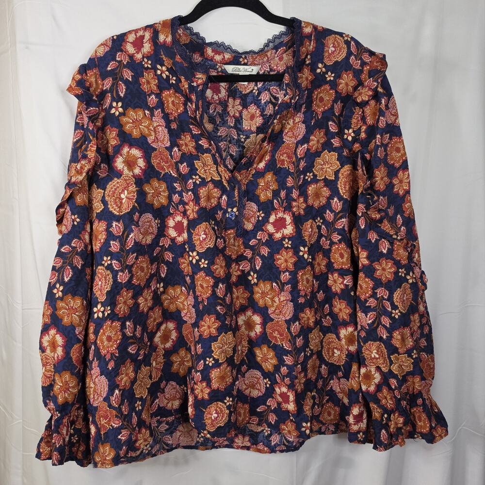 Pioneer Woman Boho Cottagecore Blouse Navy Floral Balloon Sleeve Size 2X (20/22)